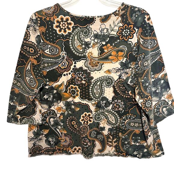 Denim & Co Paisley Floral Tee Womens Size 2X Green 3/4 Sleeve Knit Cotton Top - Picture 4 of 9